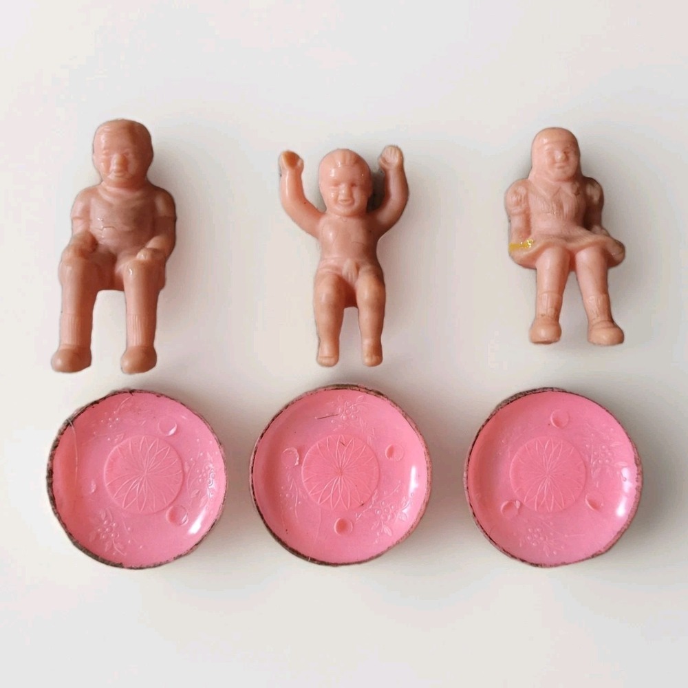 Vintage 1950s Plastic Dollhouse Miniatures Boy, Girl, Baby Trio with Pink Plates